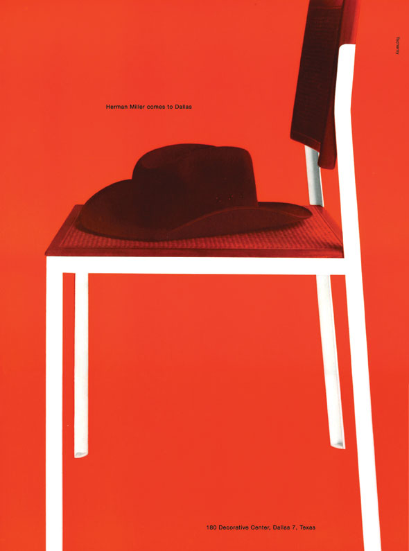 Red with white accents; a photo of a chair with a cowboy hat on the seat. A small print text above the hat reads "Herman Miller comes to Dallas"