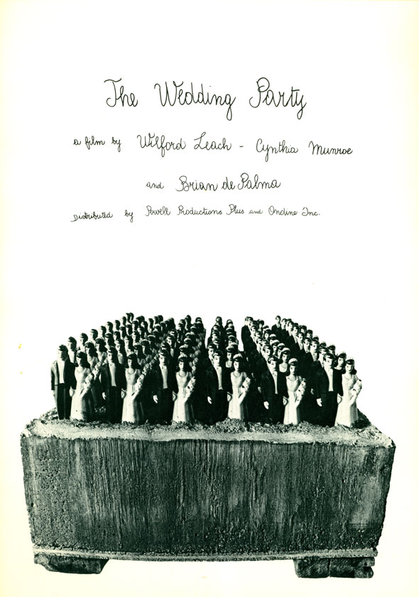 A movie poster for "The Wedding Party" Directed by Brian DePalma. The poster is a picture of a cement box. Inside are 5 rows of a bride-and-groom cake toppers. All the cake toppers are submerged in the cement. The movie poster title and movie info are all written in thin cursive writing.  