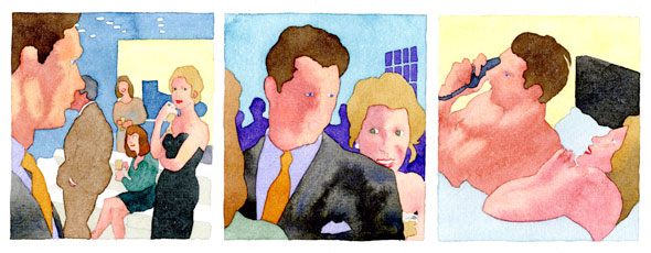 A comic strip of 3 illustrations. It's painted with watercolor and is lineless. It has the same images as the one above. The man and the lady has a face and the colors in this are light and peachy. 