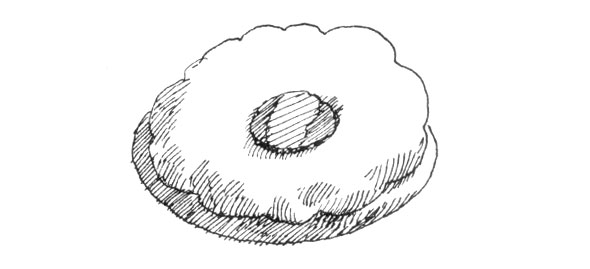 Black and white ink hatch line illustration of a pike fishball with a circle of Chinese sausage