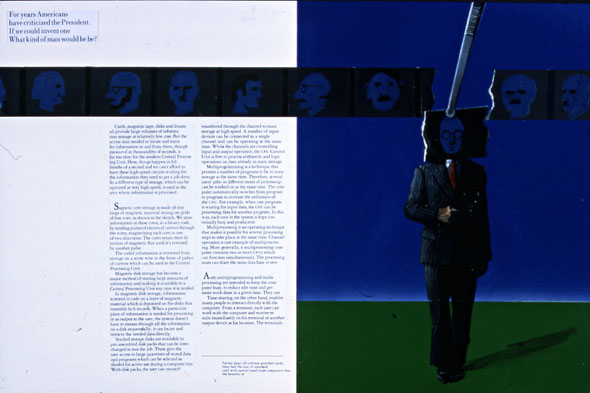 A scan of a magazine spread. The title of the article is in small blue text on the top left of the left page. Below the title is a strip of images of past presidents that go across both pages. On the right page one of the images is picked off by tweezers and placed on top of a man that stands below the strip of images. The man is in a suite and tie and is alone. Below the strip of image on the left page is the article in small blue text. 