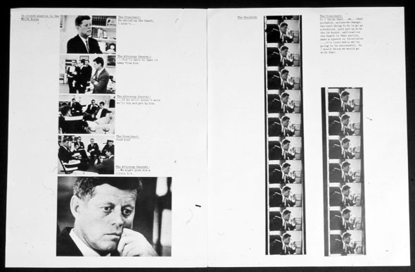 A scan of a magazine spread. The left page has 5 images set up vertically. The bottom most image is bigger than the other 4 images. The smaller 4 images each have a small description next to it.  On the right page there is two strips that repeats the same image, one strip is slightly longer than the other. The shorter one has a text above it. 