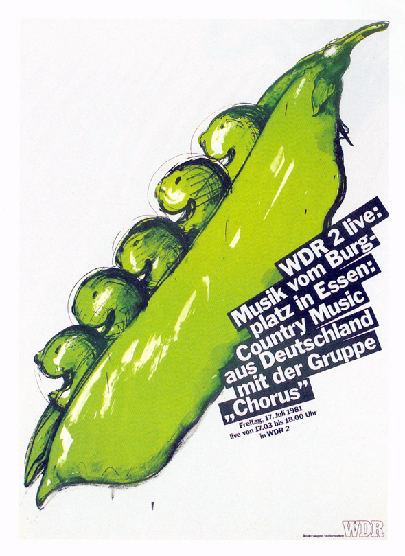 Illustration of smiling peas in a pod; black and white text is overlayed