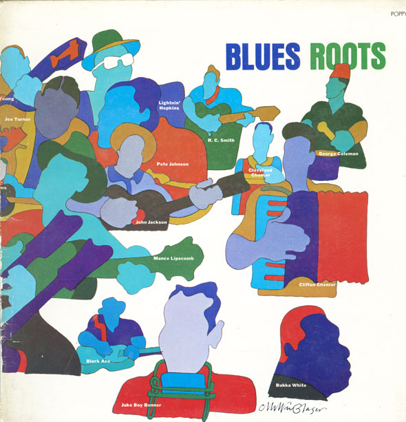 Colorful, geometric illustration of famous blues performers (all labeled in white)