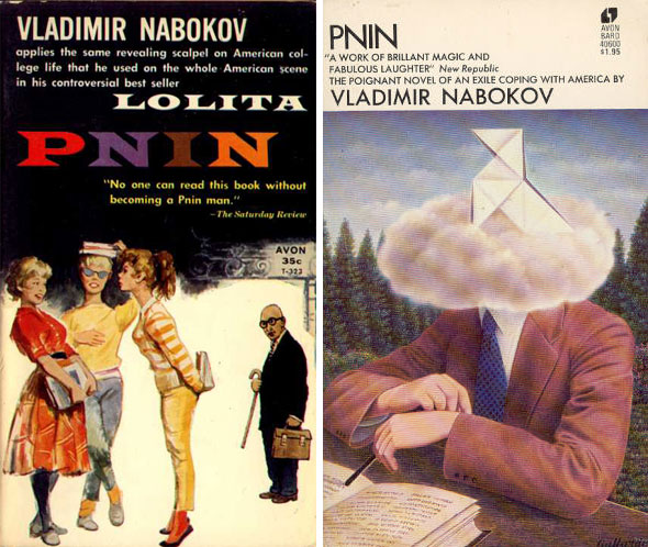 Two book covers for author Vladimir Nabokov. The cover on the left illustrates a group of brightly clothed girls, observed by a bald man in the distance, with round glasses and a cane. For the right cover, is an illustration of a seated man against a forestry background. His head replaced with a cloud and a seated paper-bird. 