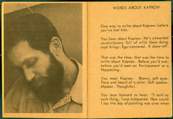 Yellow spread: left side is a black and white ohoto of a man with a beard looking down, right side is text