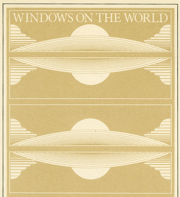 A tan menu with two of the same graphic on it. The graphic is of a sun setting on a hill, with fluffy clouds at the sides of it, it is then mirrored horizontally. The graphic is drawn in white neat lines. Above the image is "Windows on the World" in the same color as the line in a formal font.