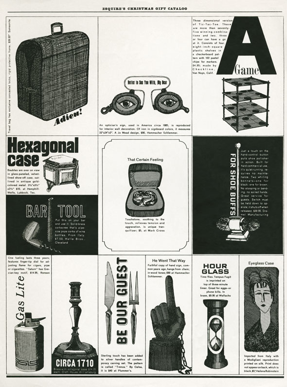 Black and white catalog of objects, including an hourglass and a hexagonal case