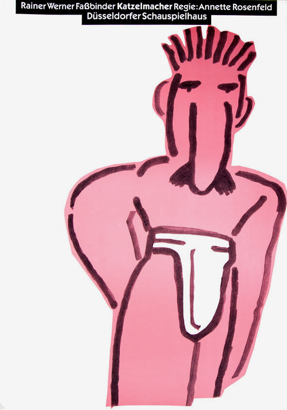Pink, cartoonish man with a long nose and mustache in his underwear against a white background