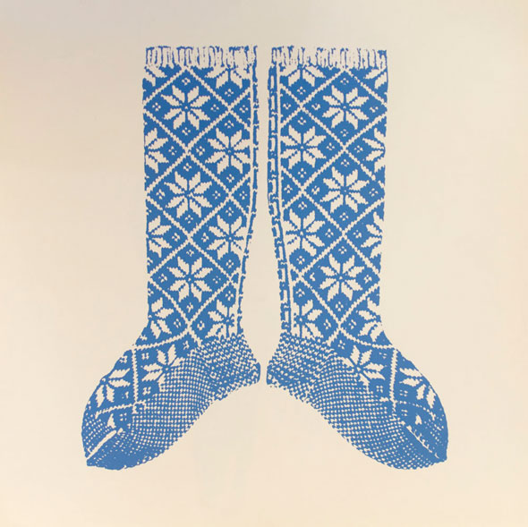 Detailed blue on white graphic of a pair of patterned socks
