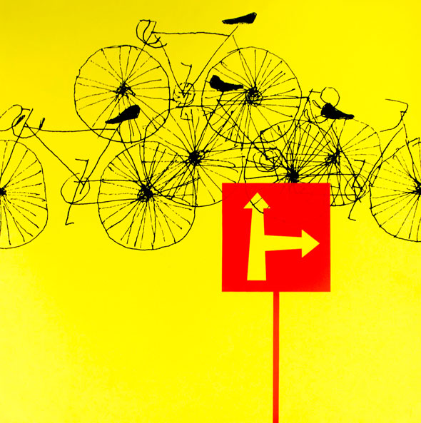 Red and black illustration of bikes in a cluster against bright yellow background