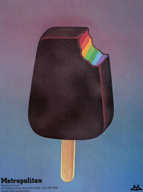 A printed ad. An illustration of a chocolate covered rainbow ice-cream popsicle on a lilac-blue gradient background. The chocolate has shine on its corners and the popsicle stick as shadows and wooden texture. On the bottom left "Metropolitan" is printed in very bold black text.