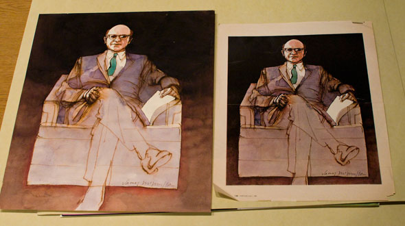 Sketch and art of a bald man in a suit sitting cross-legged on a chair