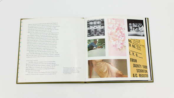 An opened book with text on the left, and several images to the right. Includes a cropped painting of a woman wearing a white dress, a light pink floral painting, and images of factory work. 