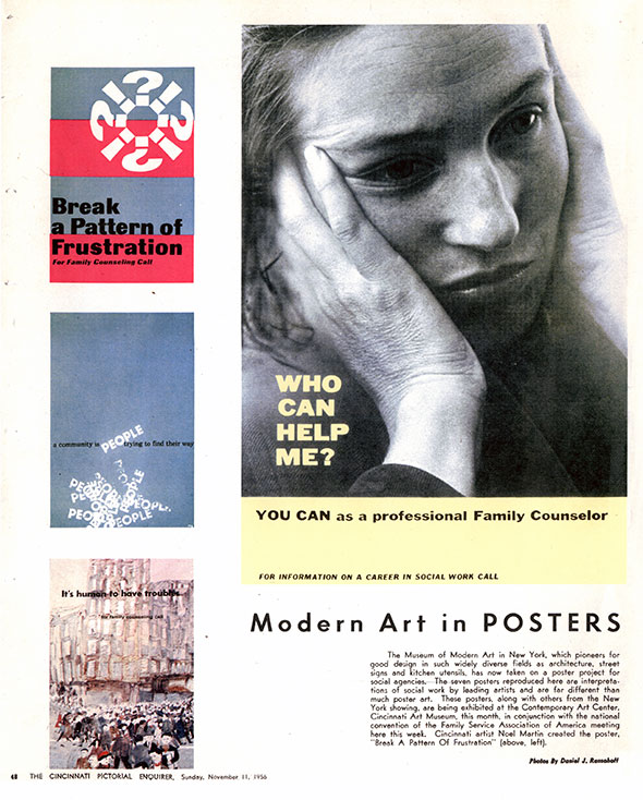 MoMA posters. A black and white Family Counselor poster of a woman with both hands against her face; a red, blue and white Family Counseling poster; a watercolor Cincinnati illustration poster; and a blue poster with black and white text.
