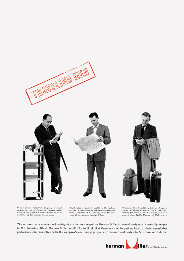 Black and white full body portraits of three men in suits with luggage and maps; above in red is a stamp reading "Traveling Men"