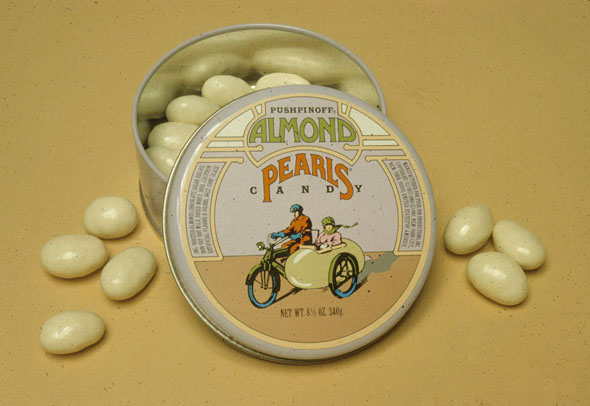 Almond tin; Cover is color illustration of an old-fashioned motorcar with side seat