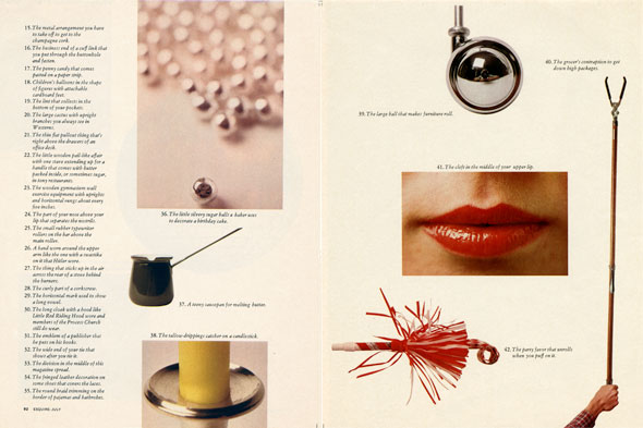 A minimalistic magazine spread. The questions for the game in very small text on the far left of page one. The rest of page one and two are pictures of everyday items, some picture are close-ups of certain items. The pictures are scattered neatly across the pages. 
