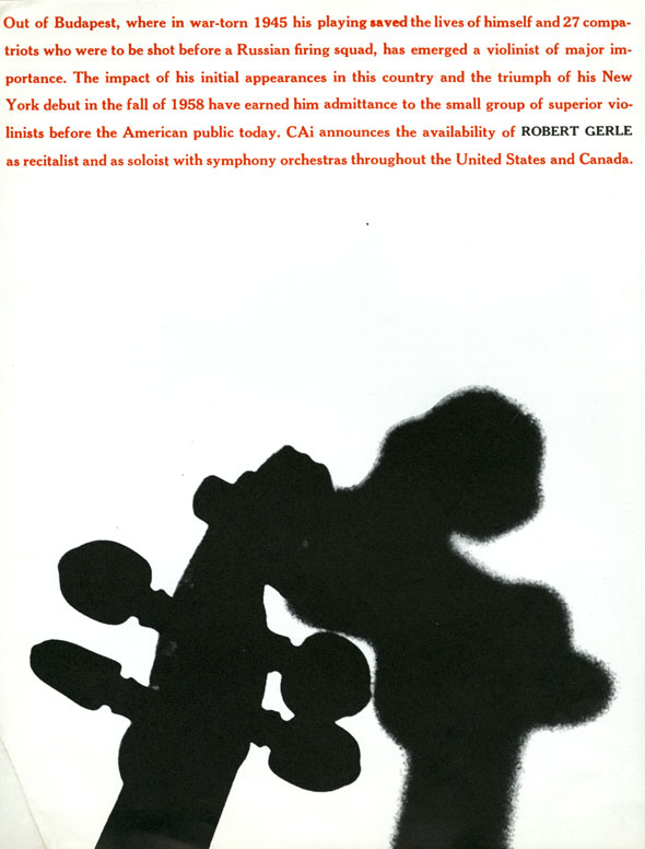 A the top of a violin casting a black shadow on a white background. Above s a block of red text with only two words in black. 