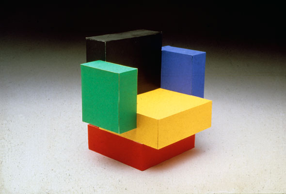 Photograph of a chair made up of primary colorful blocks