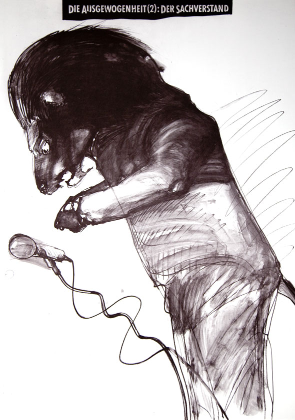Black and white illustration of a lion towering over and talking into a microphone