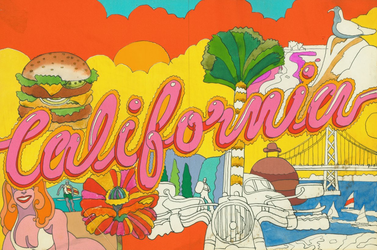 Layered sketch for Time cover with woman in bikini, hamburger, cars and the word California in big pink bubble letters.