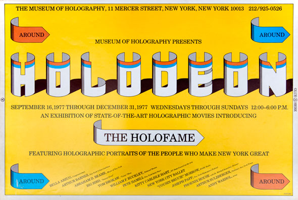 A design illustration for "Holodeon" which is printed in think white letting that appears to look like paper that is curved inward giving it a 3-D look. The letters also cast a shadow on the sunny yellow background. On each corner of this design are arrows that curve around, giving it a 3-D look too. Two arrows, bottom right and top left, are orange and the other two are a dark sky blue. Each one has the word "around" printed in plain black text. 