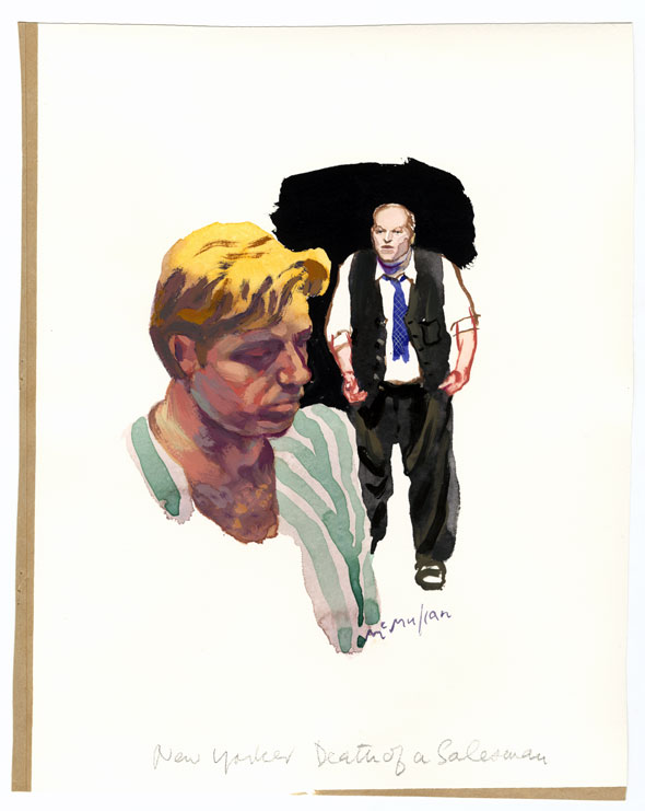 Watercolor; A portrait of a blonde man with downcast eyes; the fullbody of a middle-aged man in a suit is visible in the background