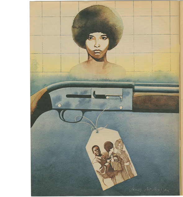 Watercolor illustration of Angela Davis  against a tiled wall; underneath her is a closeup of the handle of a rifle, with a tag containing three people on it, a man holding a gun and two women