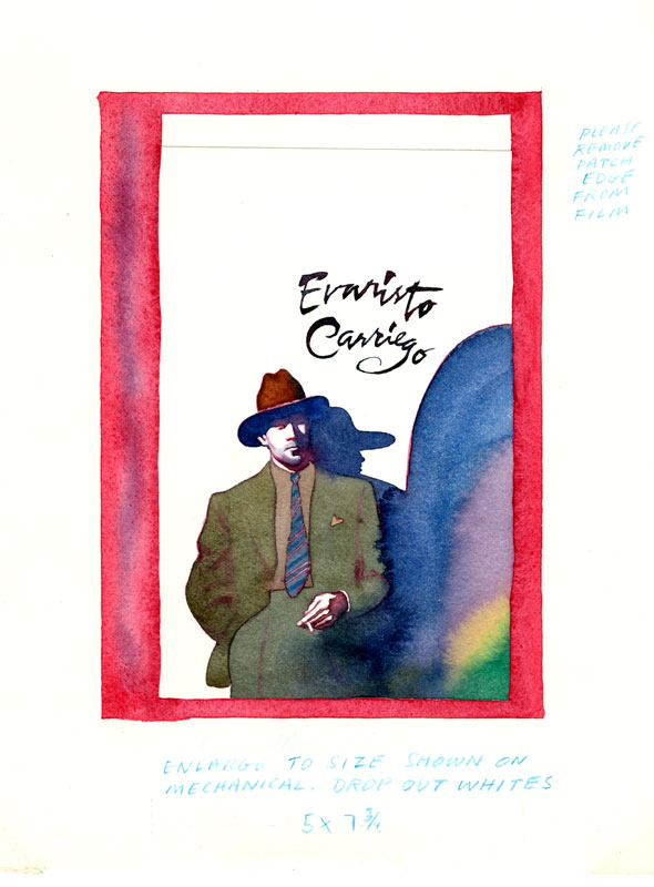 Colorful watercolor sketch of a man in a suit leaning against a white wall and smoking a cigarette