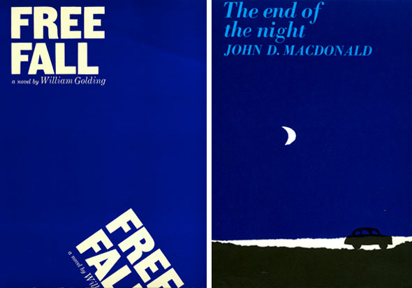 Two primarily royal blue book covers; left shows the title text falling off the page the title reads "Free fall", right is a black driving on a black road car driving at night which has a lonely crescent white moon the title reads "The end of the night"