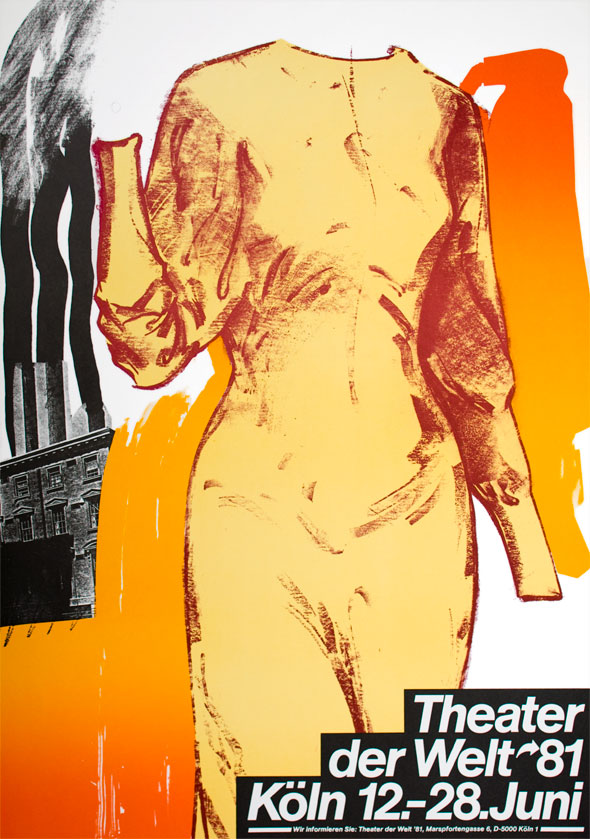 Drawing of a female torso in a yellow dress; background contains collage of a black and white building spewing black smoke