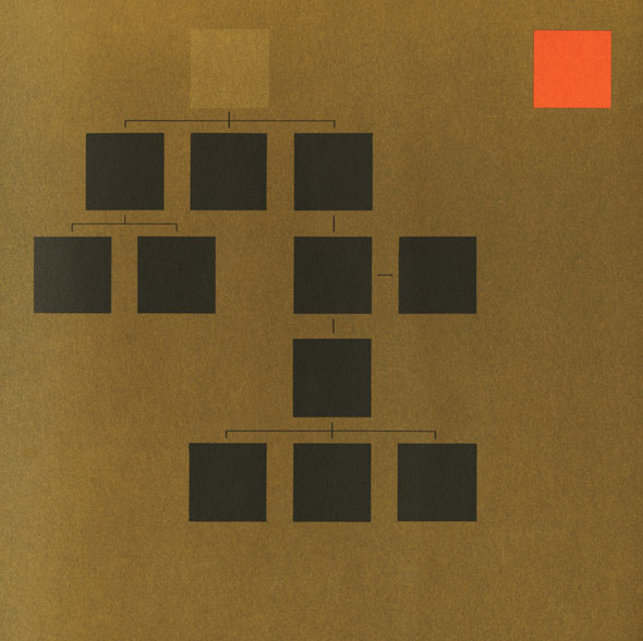 A collection of squares arranged to resemble a family tree of black squares. Top square is tan, slightly lighter then background, with a red square in top right-hand side.
