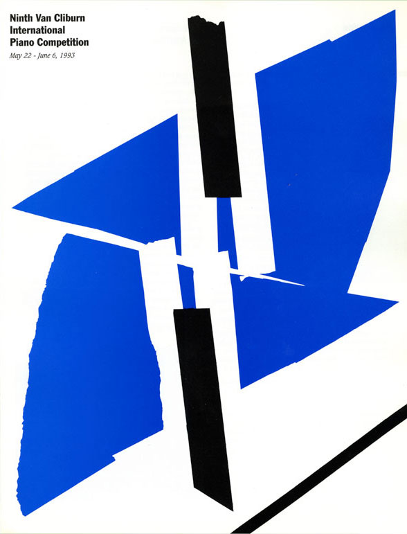 Graphic design of an abstract piano made with black, white and blue paper against a white background. At the top is "Van Cliburn International Piano Competition" in black bold text.