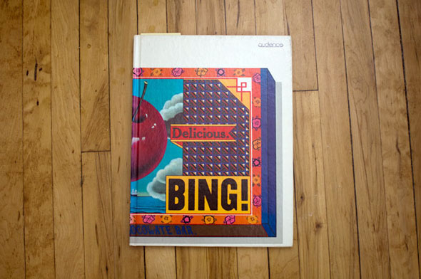 A book cover exposing half of a chocolate bar illustration, including variations of different detailed patterns, and half of an apple.