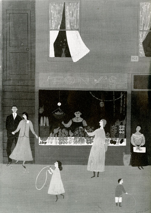 Black and white, whimsical illustration of a street scene featuring children playing and a woman shopping at an outdoor market
