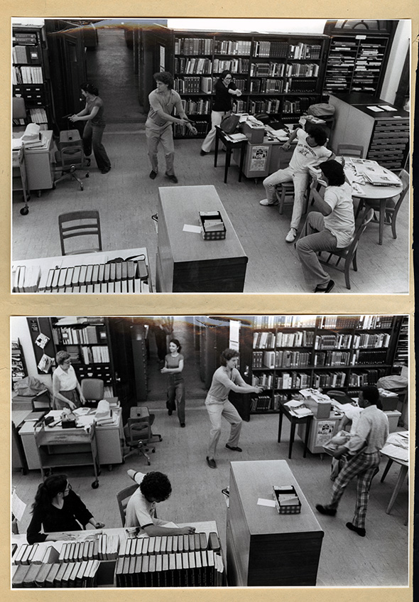 Two black and white photos of a crime scene staged and acted in a library.