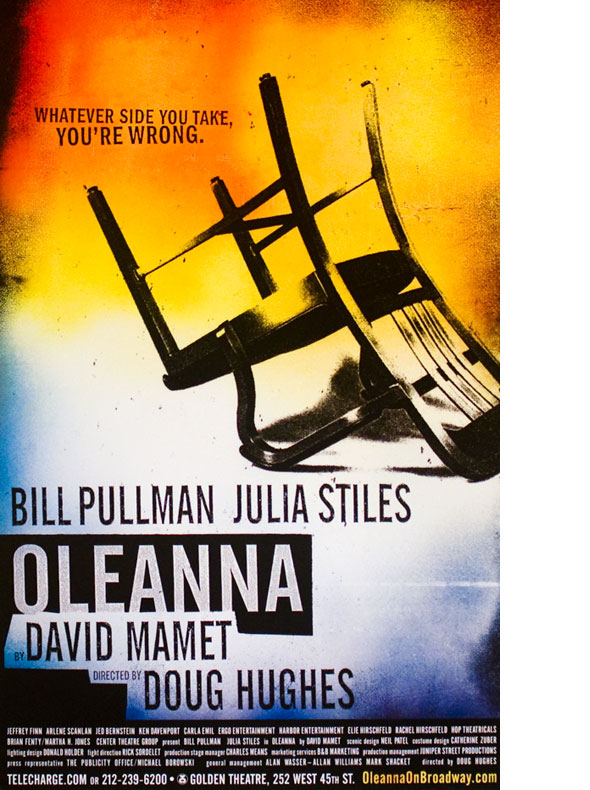 A poster. A graphic of a black and white photograph of a metal chair turned upside down against an orange and blue gradient background.Blow the chair is a black square with a cut out of the title, "Oleanna"