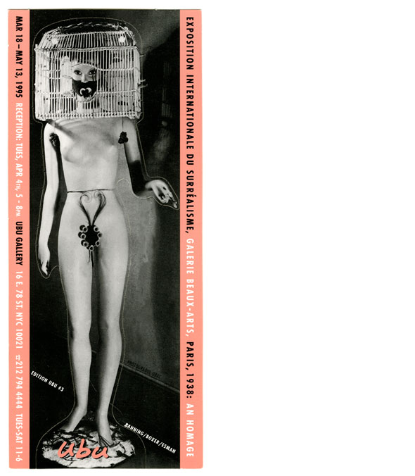 Vertical black and white photo of a female mannequin with a cage on her head, flanked by two pink borders with black and white text.