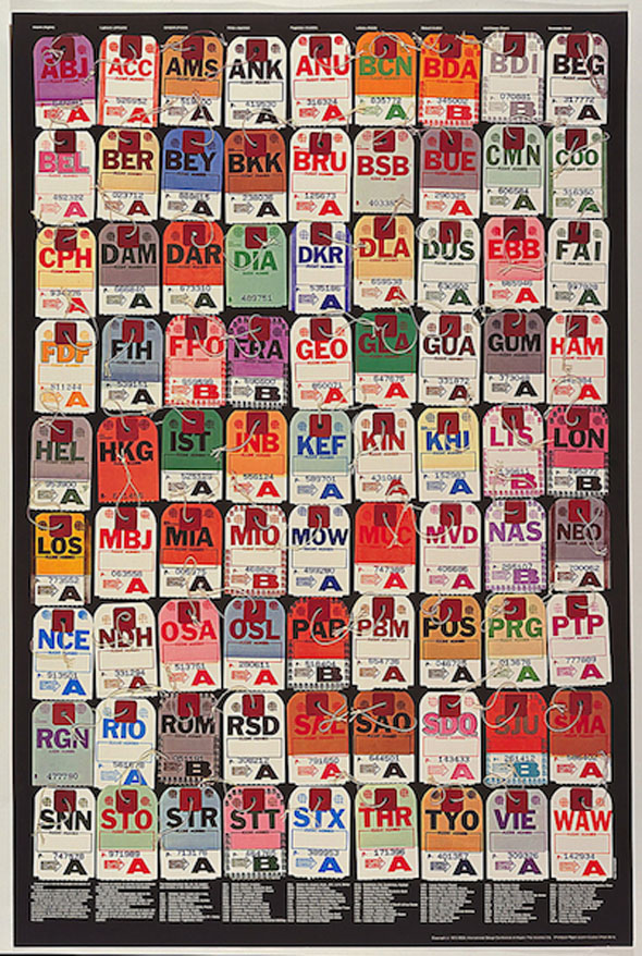 Baggage claim tags in various colors and locations, displayed next to each other in a 9x9 format.