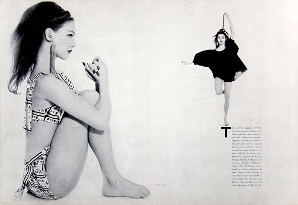 Magazine spread: left page is a woman in a bikini sitting with her knees up; right page is a small column of text with a small woman in a black dress appearing to stand on top of the opening letter T