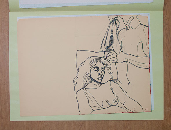 Sketch of an off-frame woman holding cloth and another woman laying beside her on the left. 