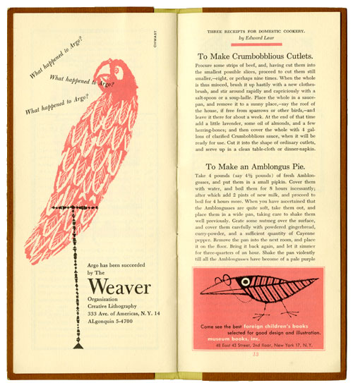 Two pages f the Almanack. The left page is print illustration of a red parrot on a small think bird stand. Near the bird's mouth there is text cluttered together, like dialogue. It says, " What happened to Argo?" three times.  On the bottom right "Argo ha been succeeded by the Weaver" followed by the address. It printed in small regular text, except "Weaver" which is printed the bigger. 