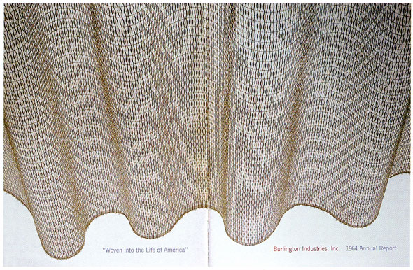A photo of thin burlap fabric that is rumpled. The white background can be seen through the thin fabric. Below the left side the fabric "'Woven into the Life of America'" is printed and below the right side of the fabric "Burlington Industries, Inc. 1964 Annual Report" is printed.  