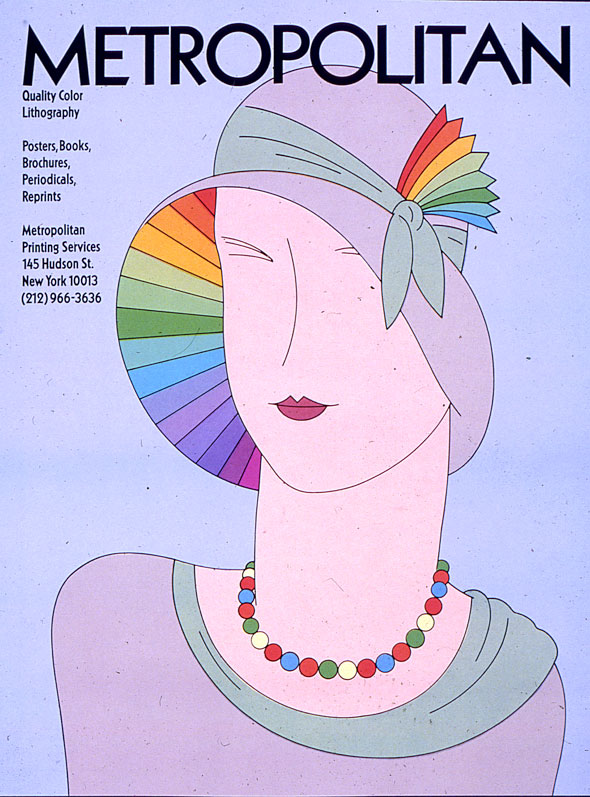 A printed ad. An illustration of a simple fancy woman is in the center with a pastel background. She has a hat that has a rainbow stripe design inside her hat and has a rainbow decorative piece on it. She also has a colorful necklace that is made of red, sky blue, green, and light yellow beads. 