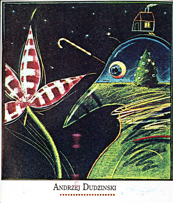 Drawing in chalk over a black canvas. Includes a red striped flower, a lined drawing of a small house, and a bird with an illustration of a landscape with one ornamented tree.