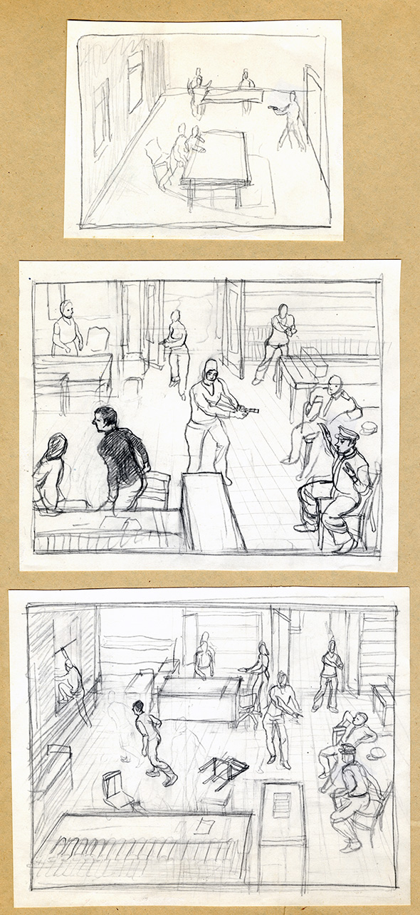 Three loose pencil sketches of a crime scene.