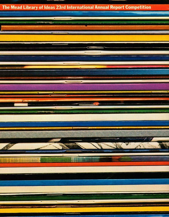Photograph of colorful magazine spines stacked. 