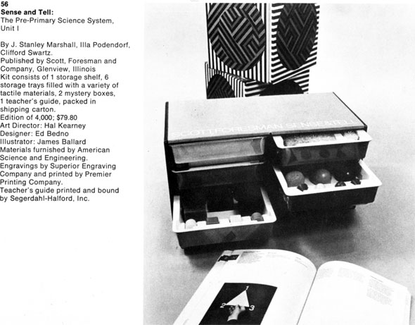 Black and white photograph of a small storage shelf containing various tactile objects