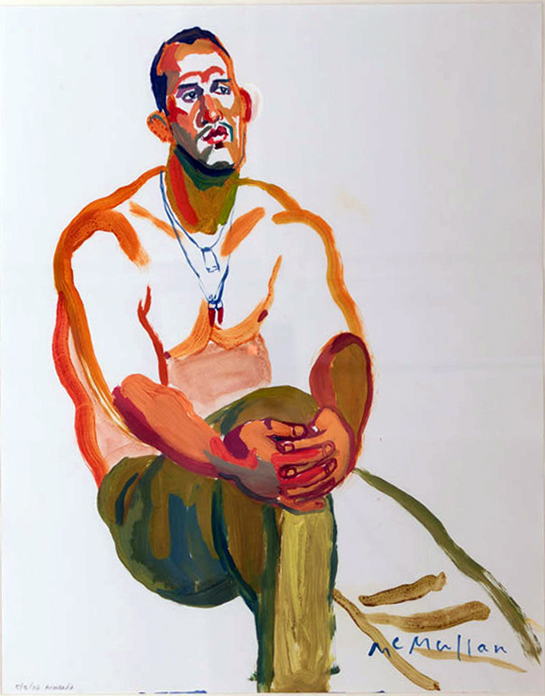 A painting of a sitting man with both hands resting against right knee. 